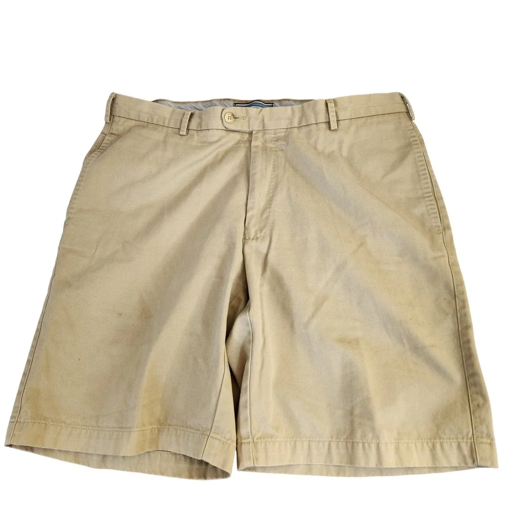Peter Millar Mens Khaki Flat Front Chino Shorts Size 36 Beige 100% Pima Cotton‎